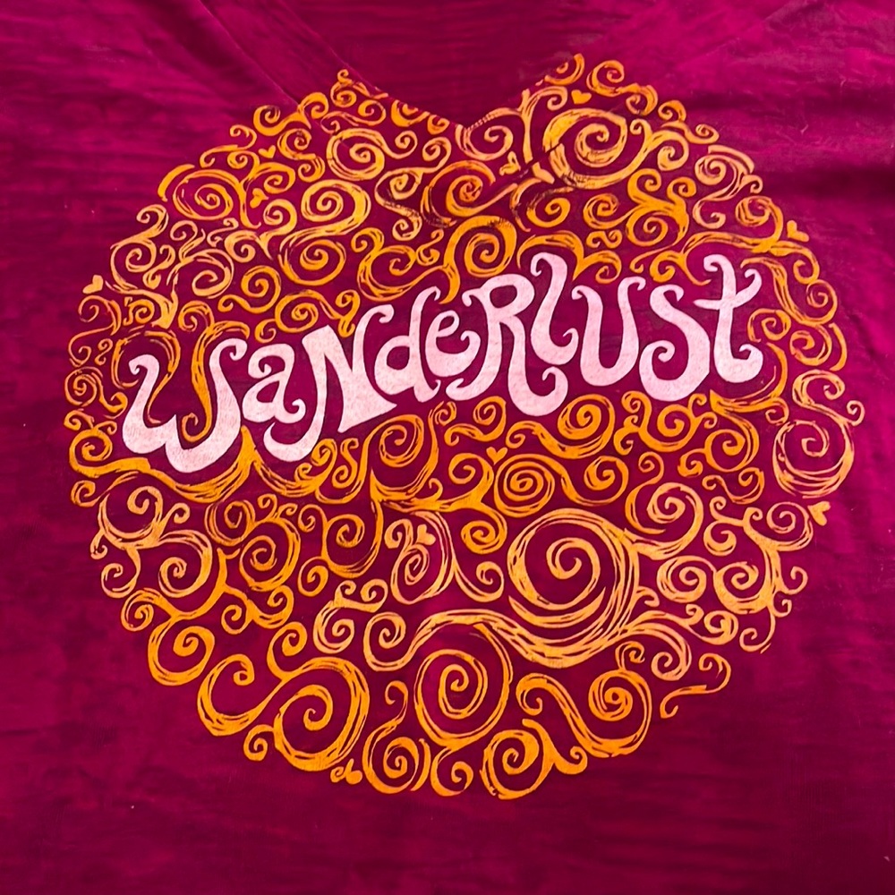 Wanderlust Cotton Tee Shirt - Purple & Gold - V-Neck - Size Small - Loose Fit